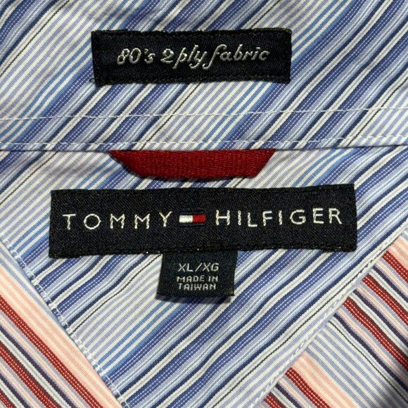 Tommy Hilfiger Mens XL Red/Blue Striped Short Sleeve Button-Down Shirt 2004 - Picture 5 of 10